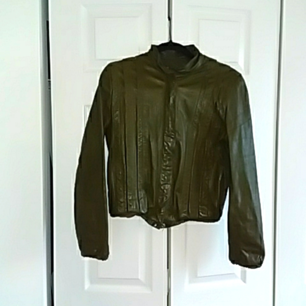 90s Olive green leather jacket small